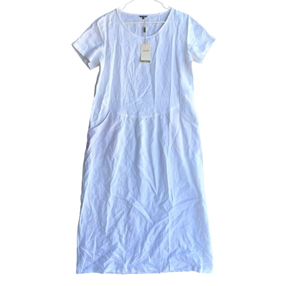 NEW Vivid Womens Linen Tunic Dress White Short‎ Sleeve Pockets Size Medium NWT